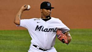 Marlins pitcher Sixto Sánchez throws against the Nationals at Marlins Park.